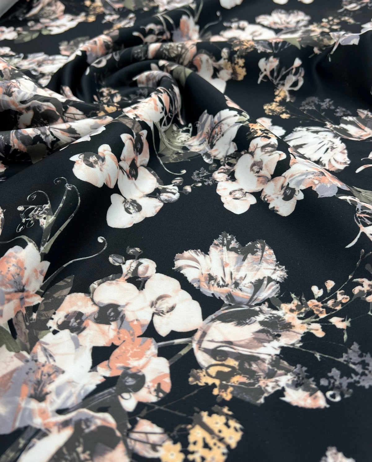 Black Floral Printed Plain Scuba 4 Way Stretch Jersey Fabric