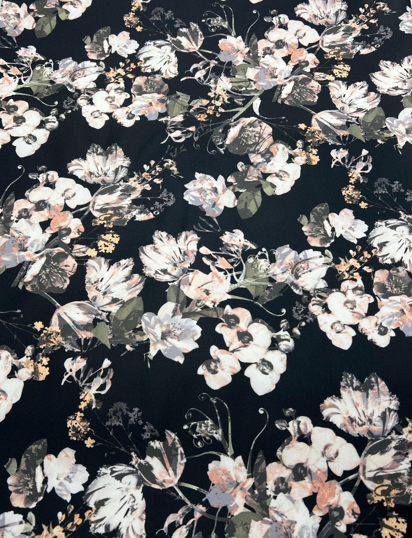 Black Floral Printed Plain Scuba 4 Way Stretch Jersey Fabric
