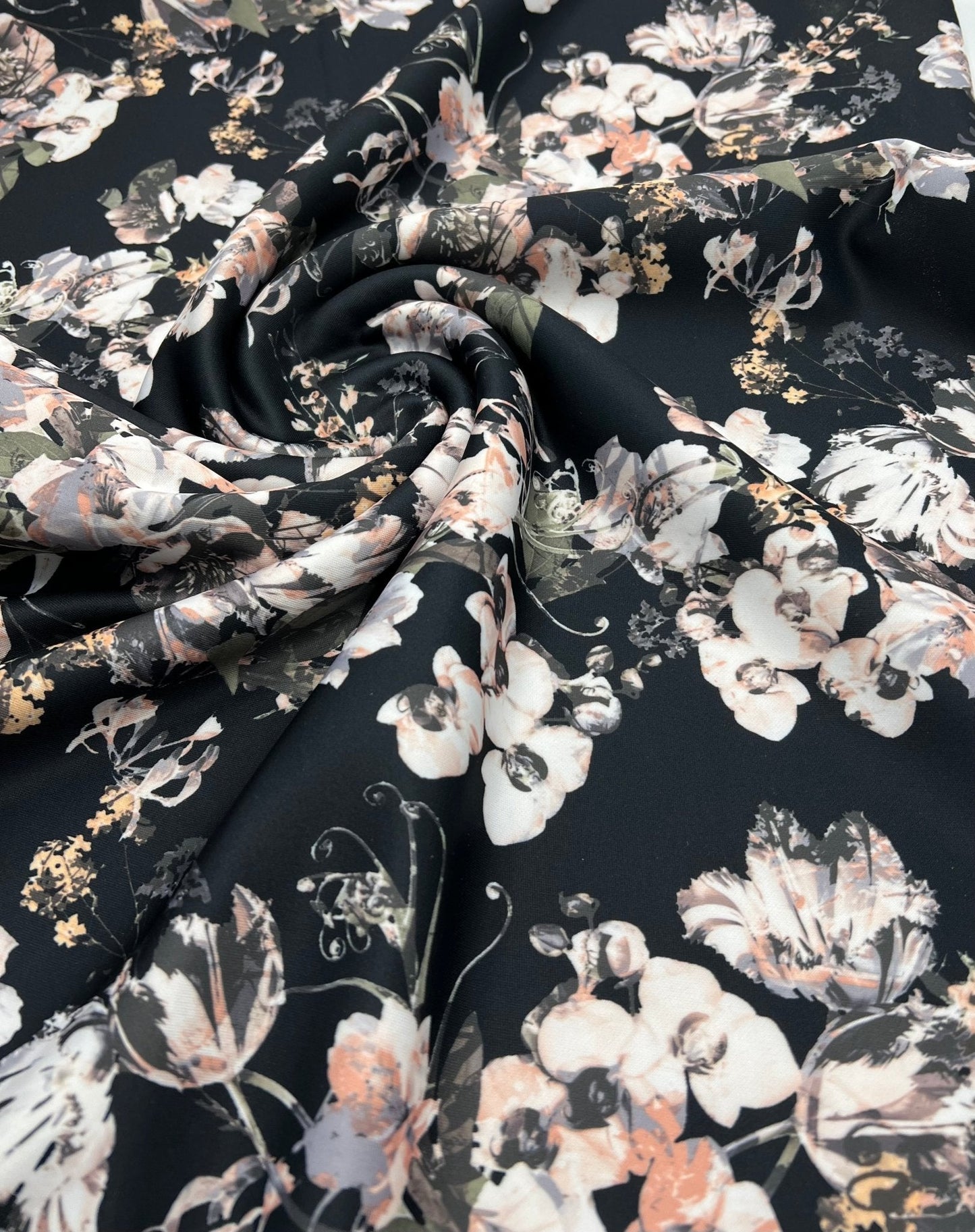 Black Floral Printed Plain Scuba 4 Way Stretch Jersey Fabric