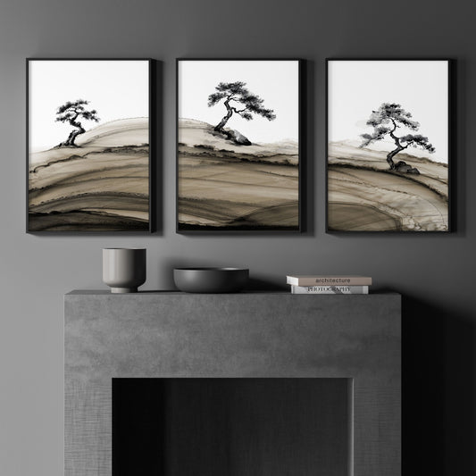 Black Framed Pictures Japandi Pine Tree Ink Art | Set of 3