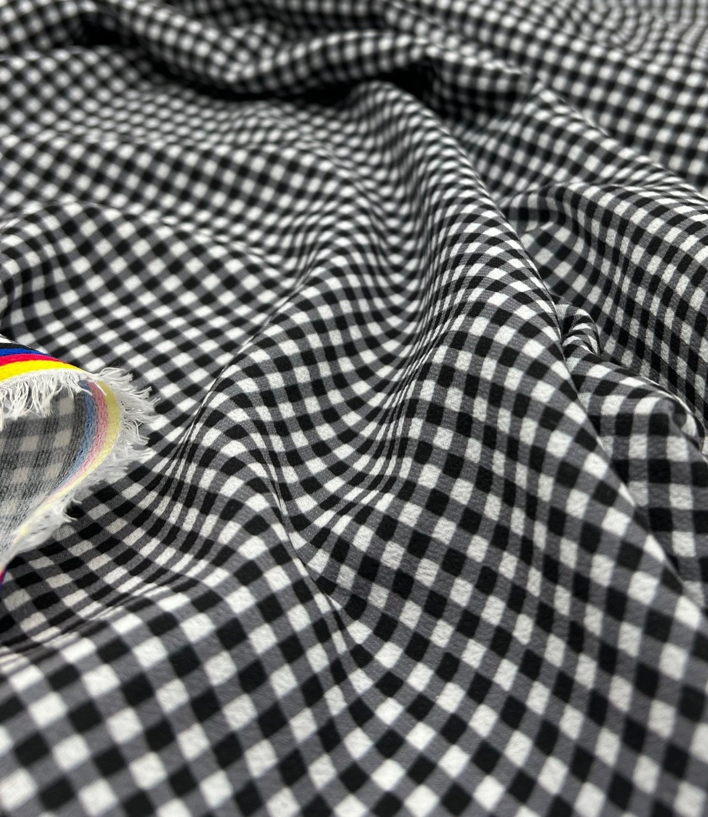 Black Gingham Check Print Lightweight Bubble Crepe Fabric