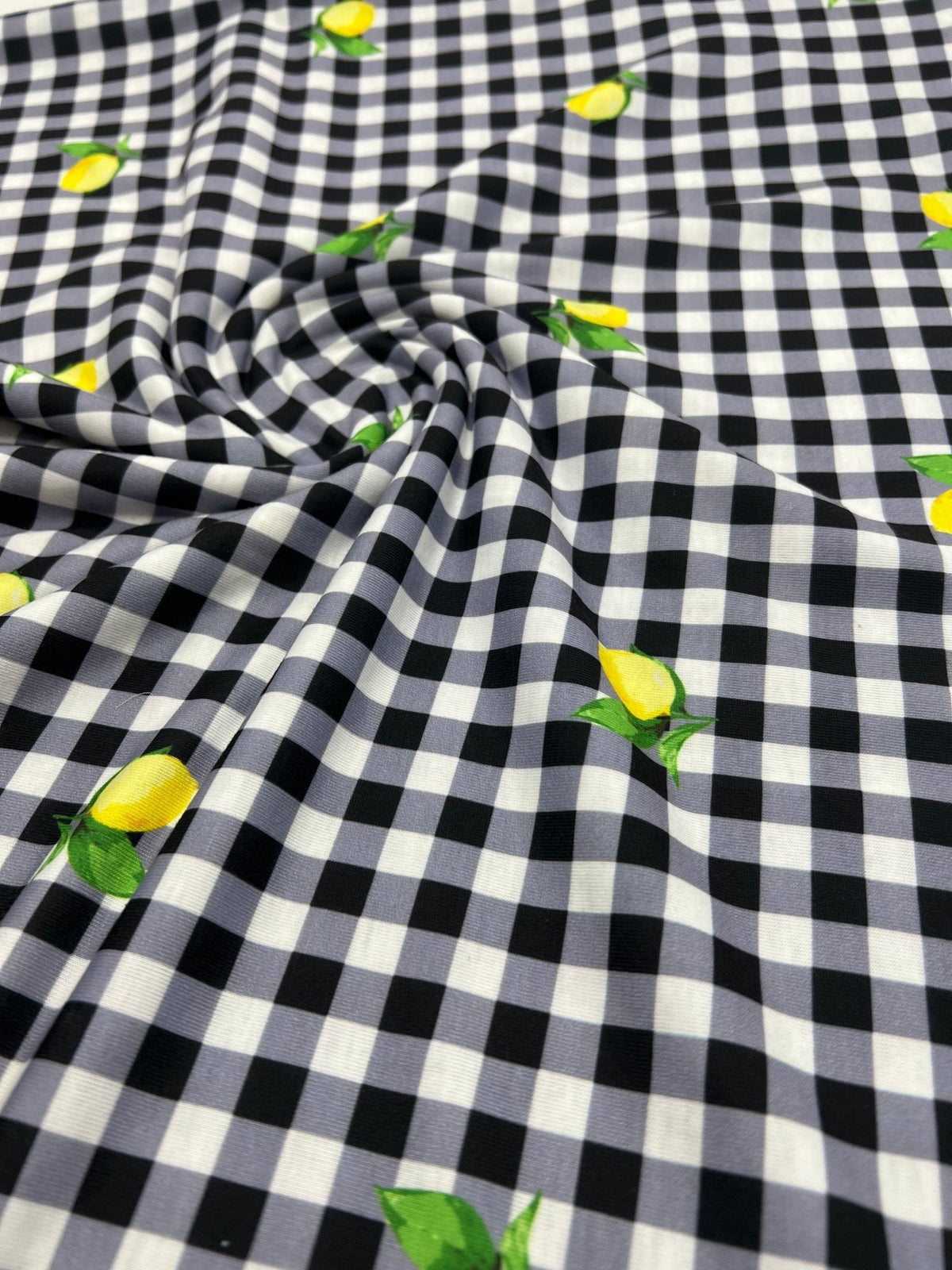 Black Gingham Lemon Print Soft Spun Poly Stretch Fabric