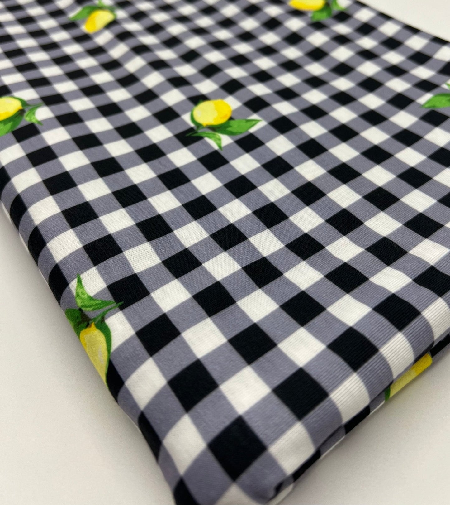 Black Gingham Lemon Print Soft Spun Poly Stretch Fabric