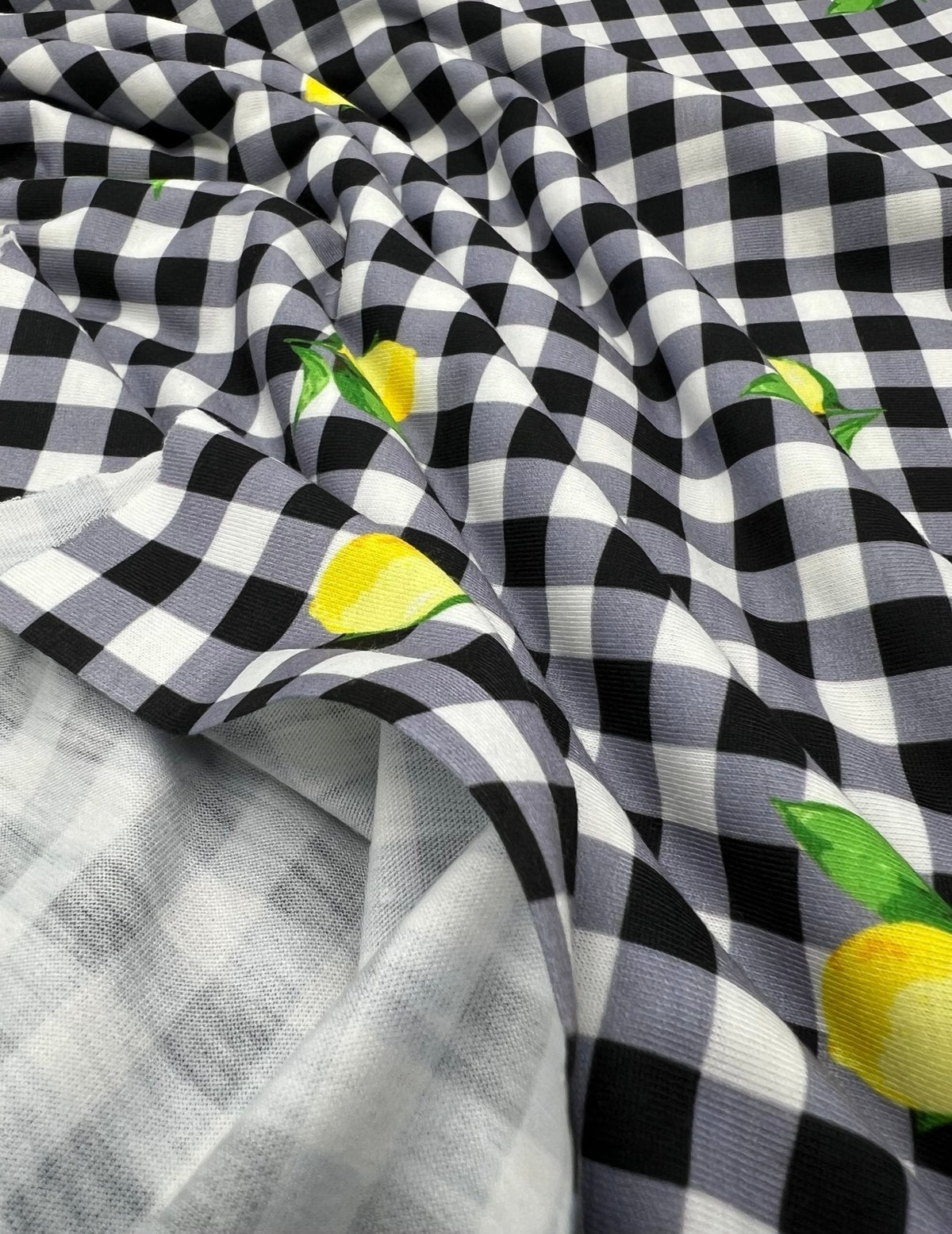 Black Gingham Lemon Print Soft Spun Poly Stretch Fabric