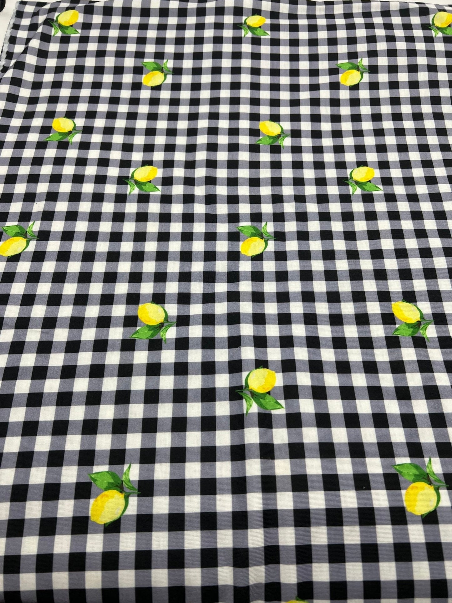Black Gingham Lemon Print Soft Spun Poly Stretch Fabric
