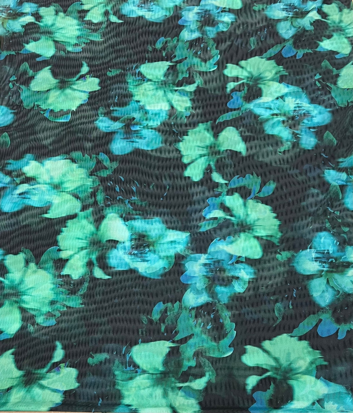 Black Green Floral Mix Mesh Fabric Stretch