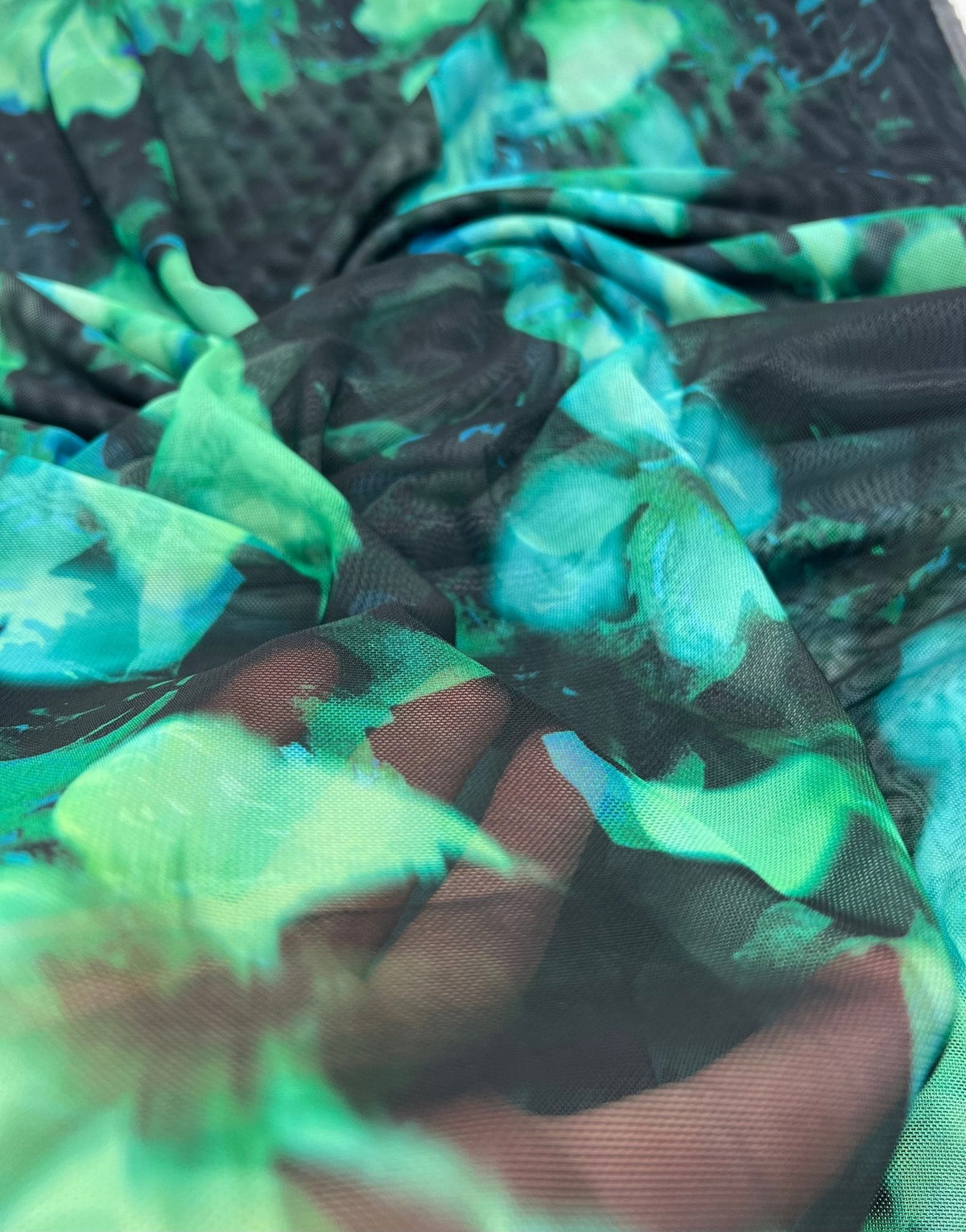 Black Green Floral Mix Mesh Fabric Stretch