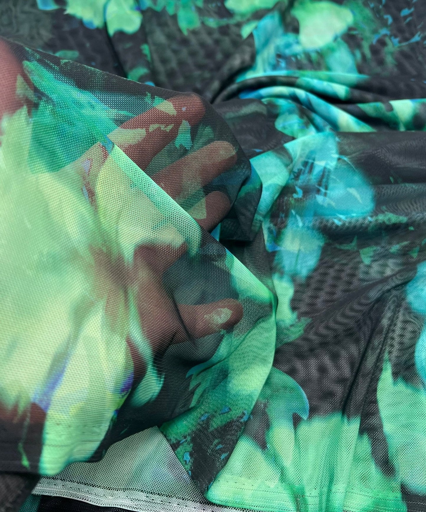 Black Green Floral Mix Mesh Fabric Stretch