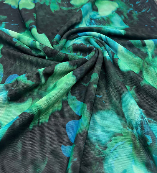 Black Green Floral Mix Mesh Fabric Stretch