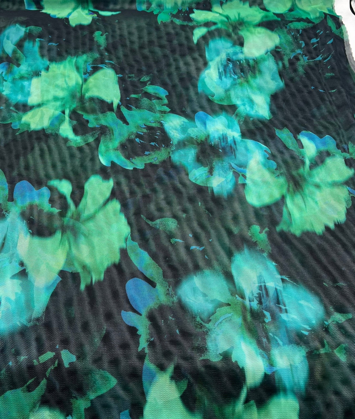 Black Green Floral Mix Mesh Fabric Stretch