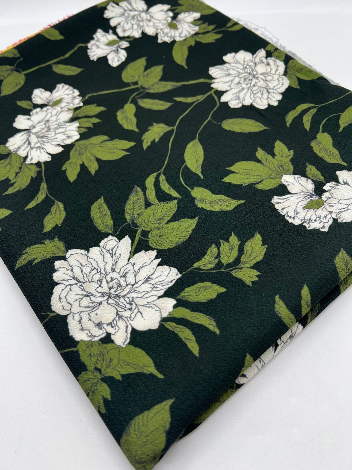Black Green Floral Print Lightweight Bubble Crepe Fabric