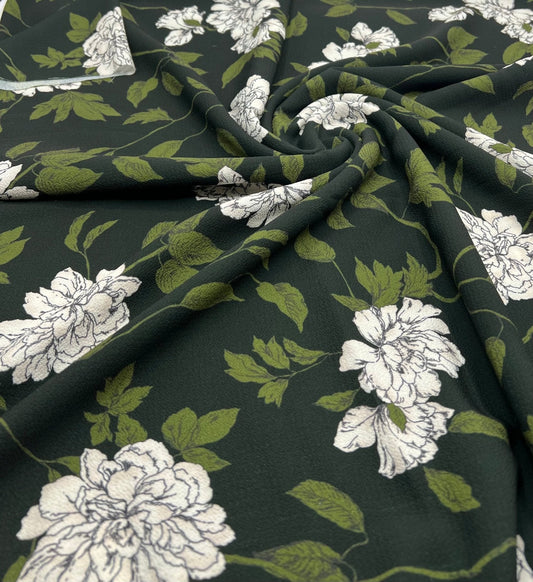Black Green Floral Print Lightweight Bubble Crepe Fabric