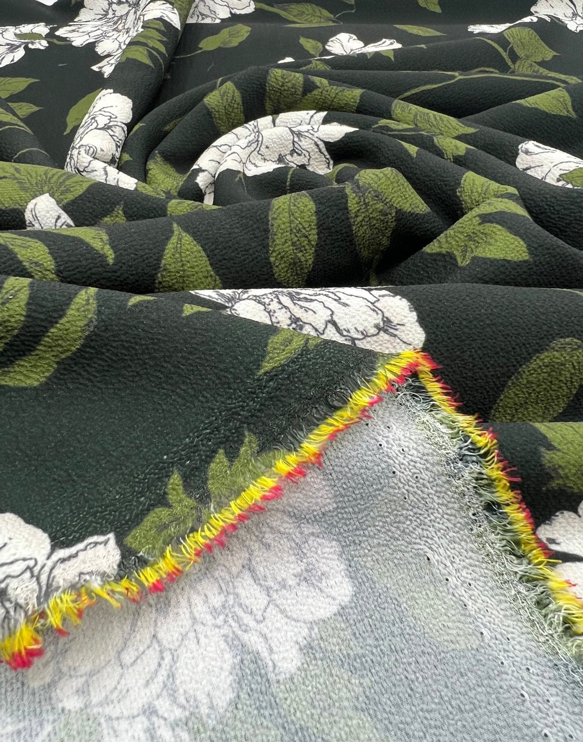 Black Green Floral Print Lightweight Bubble Crepe Fabric