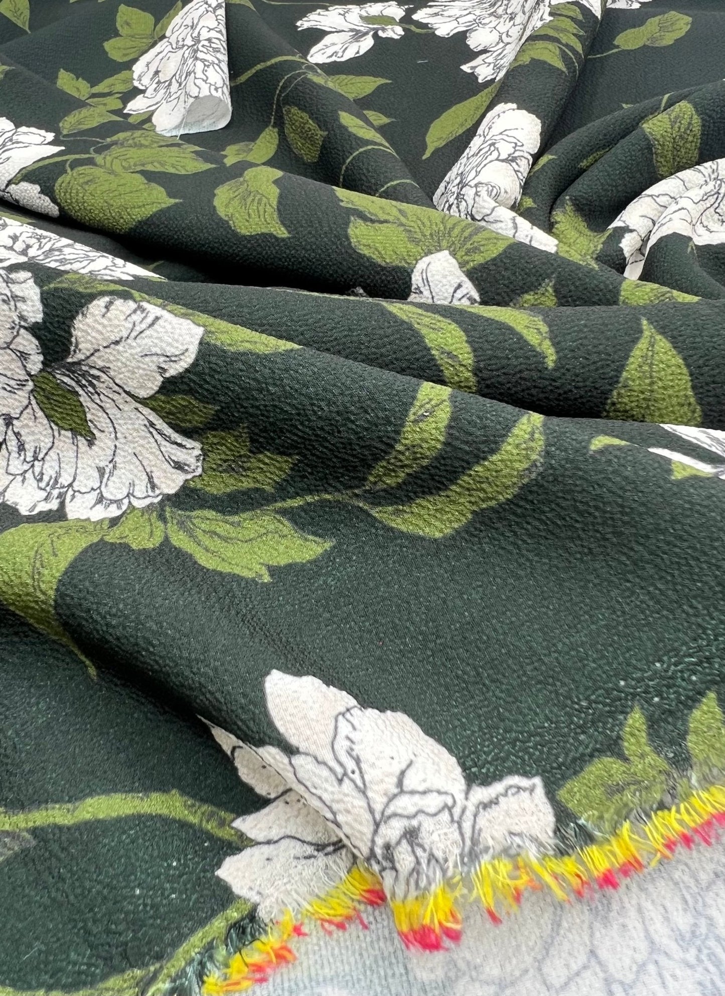 Black Green Floral Print Lightweight Bubble Crepe Fabric
