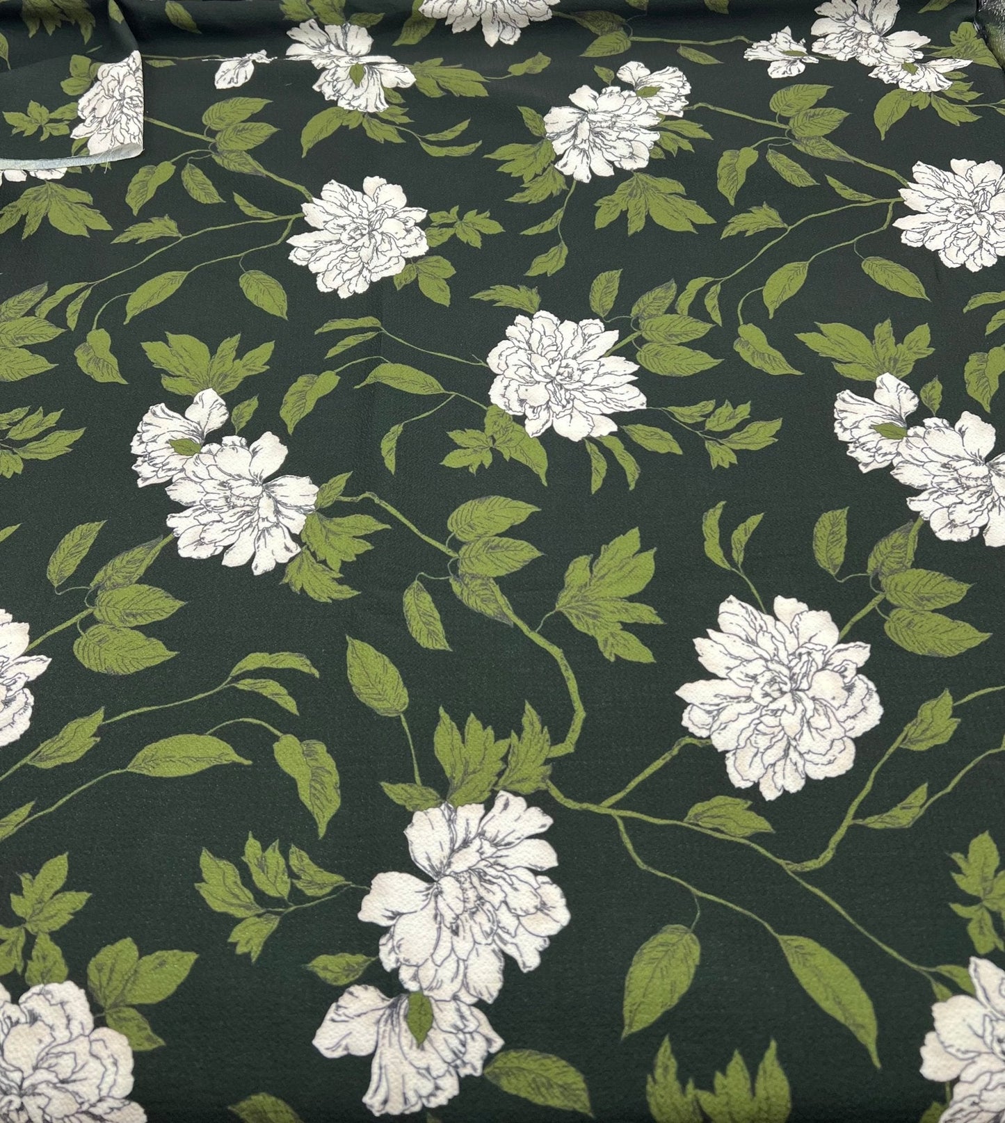 Black Green Floral Print Lightweight Bubble Crepe Fabric