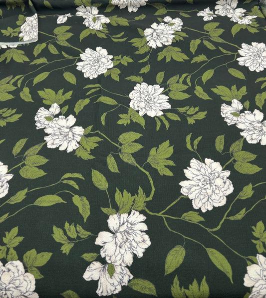 Black Green Floral Print Lightweight Bubble Crepe Fabric