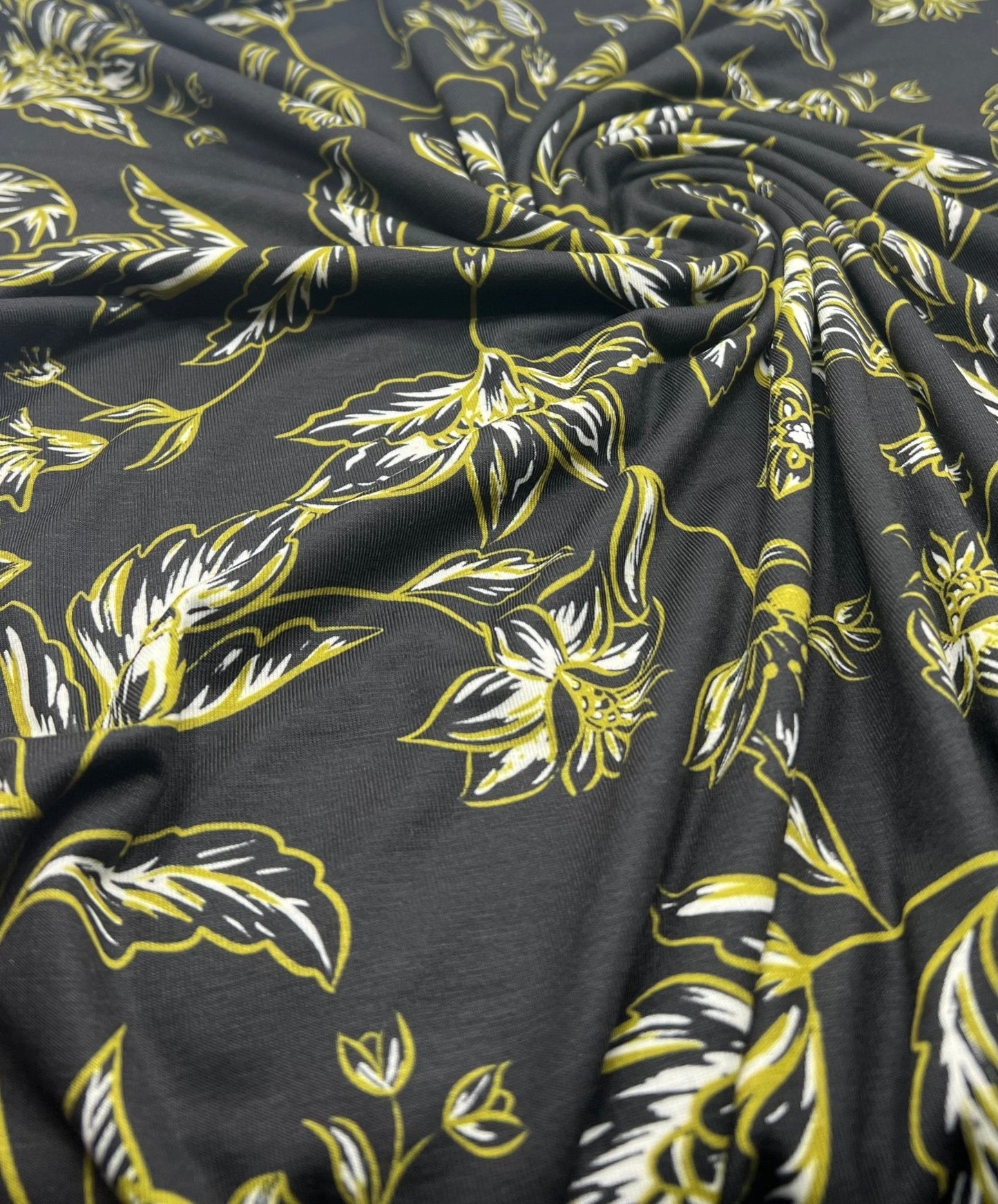 Black Green Gold Floral Print Spun Poly Stretch Fabric