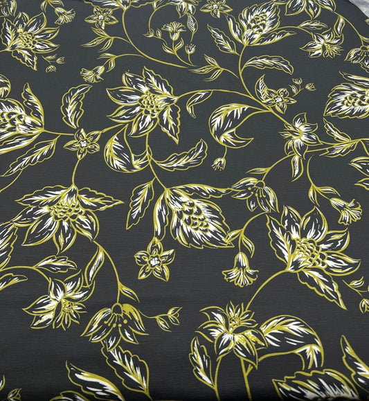 Black Green Gold Floral Print Spun Poly Stretch Fabric