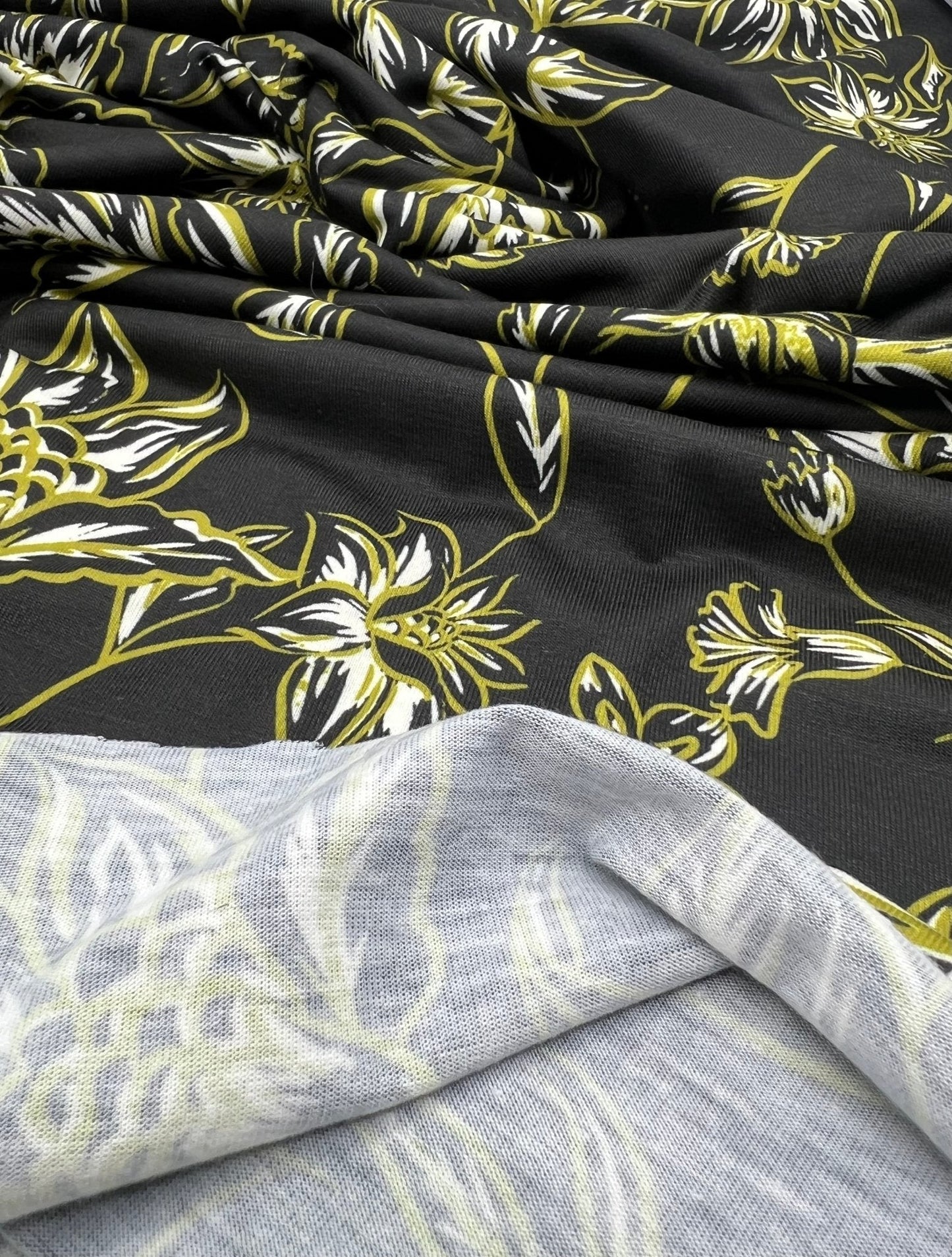 Black Green Gold Floral Print Spun Poly Stretch Fabric