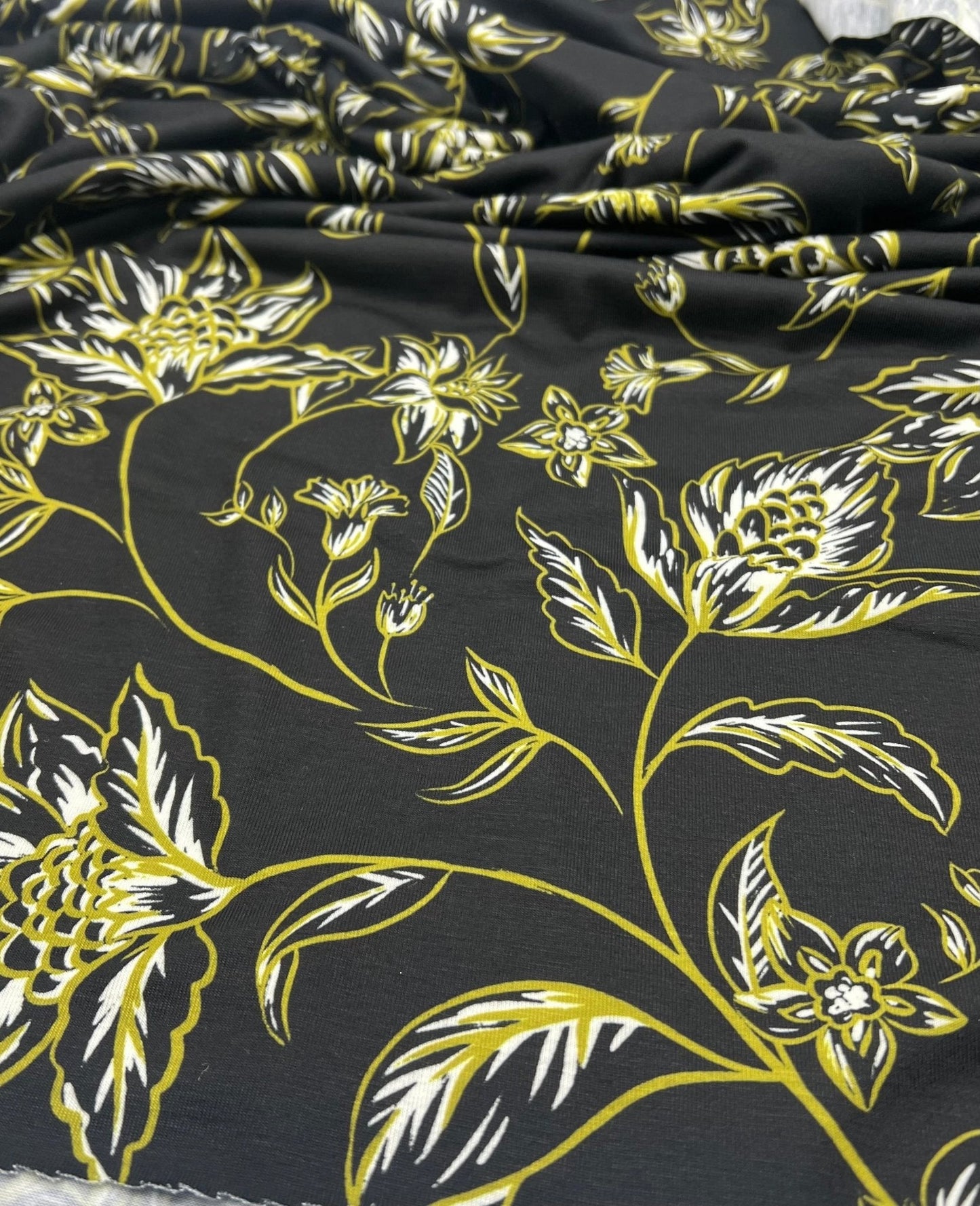 Black Green Gold Floral Print Spun Poly Stretch Fabric