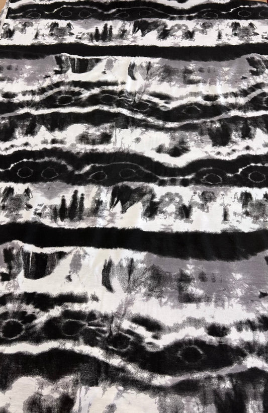 Black Grey Tie Dye Stripe Print Viscose Elastane Fabric