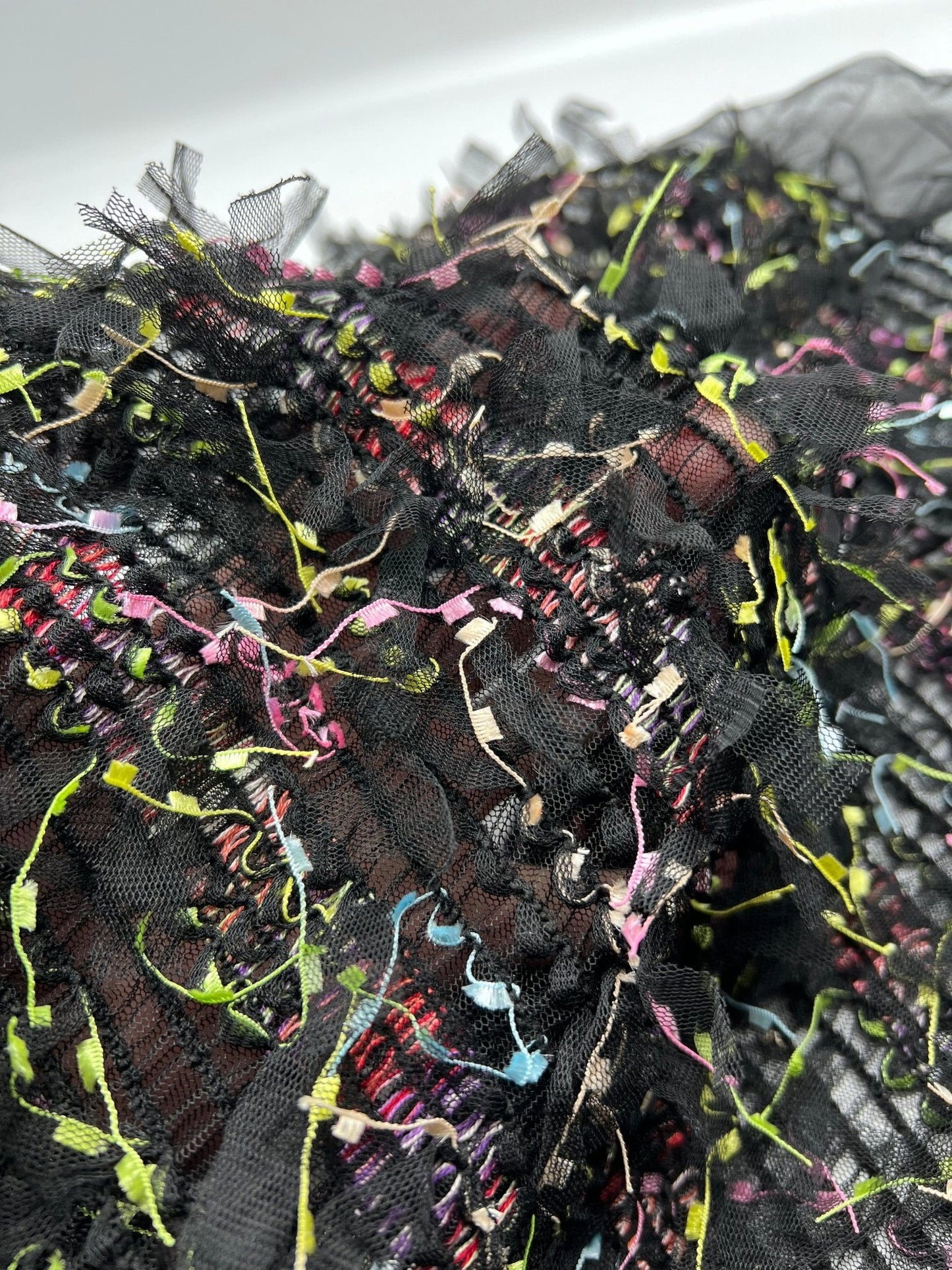 Black Multi Coloured Textured Tassel Fabric Stretch