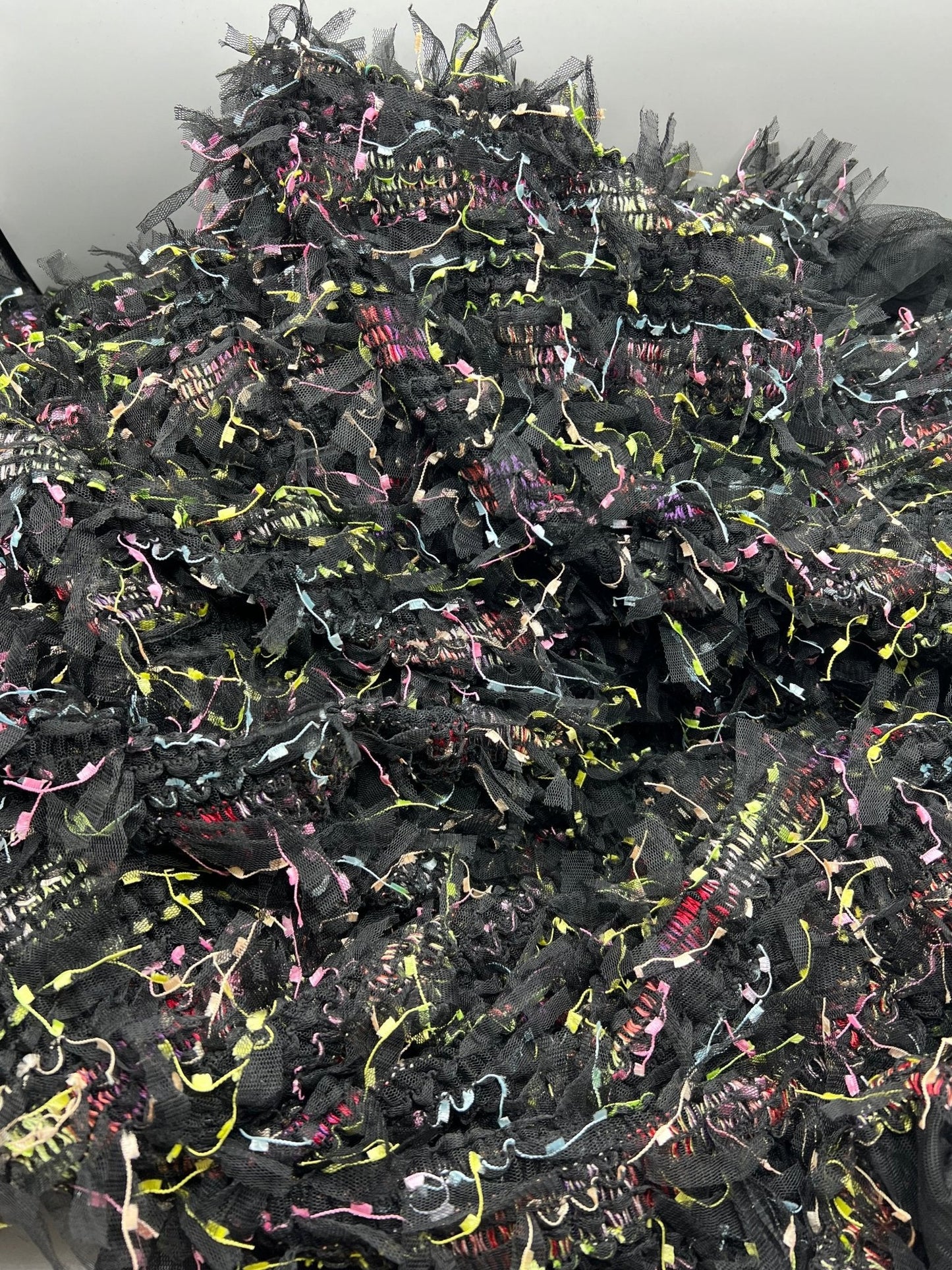 Black Multi Coloured Textured Tassel Fabric Stretch