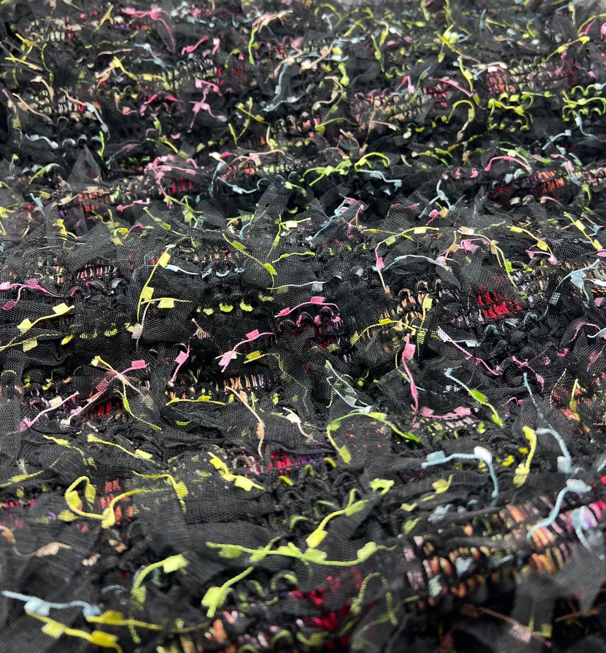 Black Multi Coloured Textured Tassel Fabric Stretch