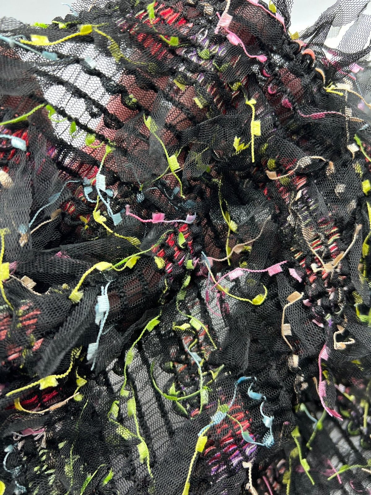 Black Multi Coloured Textured Tassel Fabric Stretch