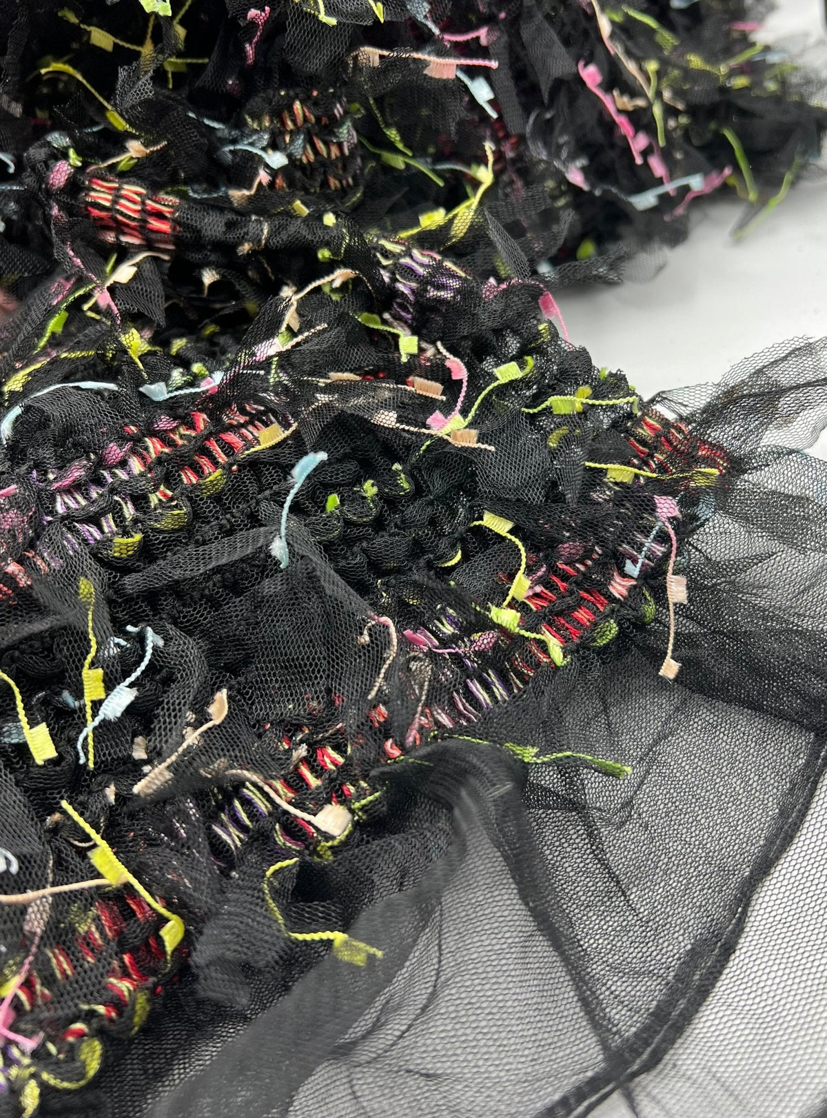 Black Multi Coloured Textured Tassel Fabric Stretch