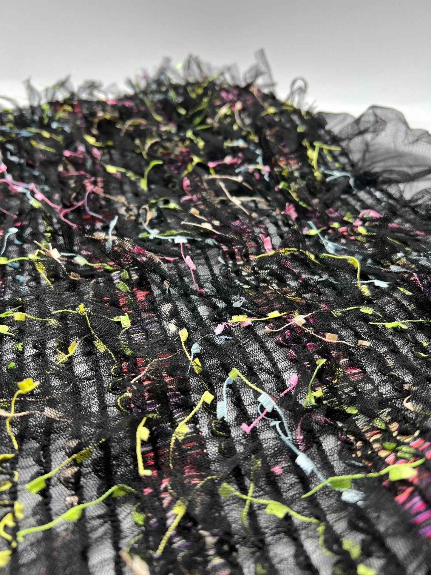 Black Multi Coloured Textured Tassel Fabric Stretch