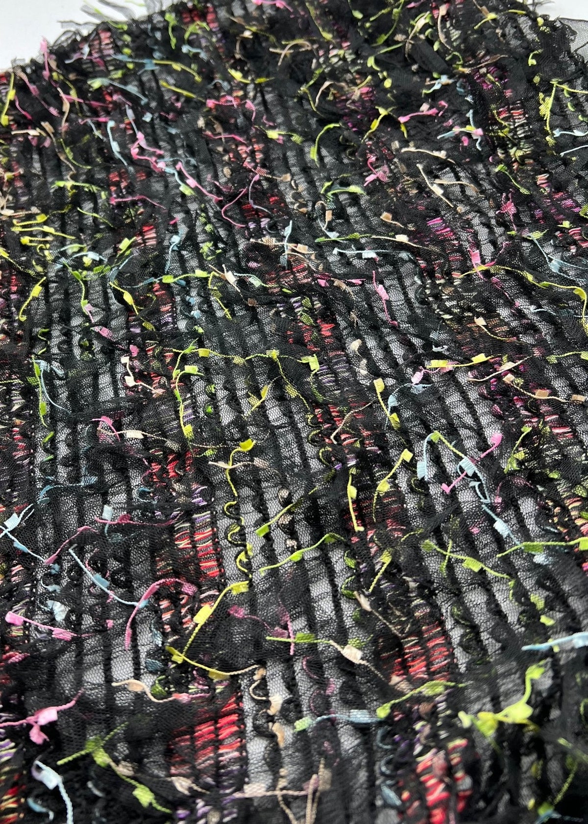 Black Multi Coloured Textured Tassel Fabric Stretch