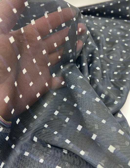 Black Navy White Square Mesh Fabric Stretch