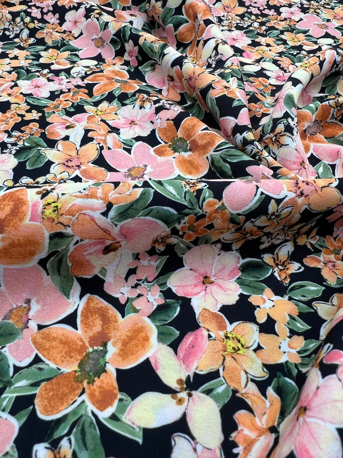 Black Orange Floral Lightweight Non Stretch Woven Dress Craft Fabric