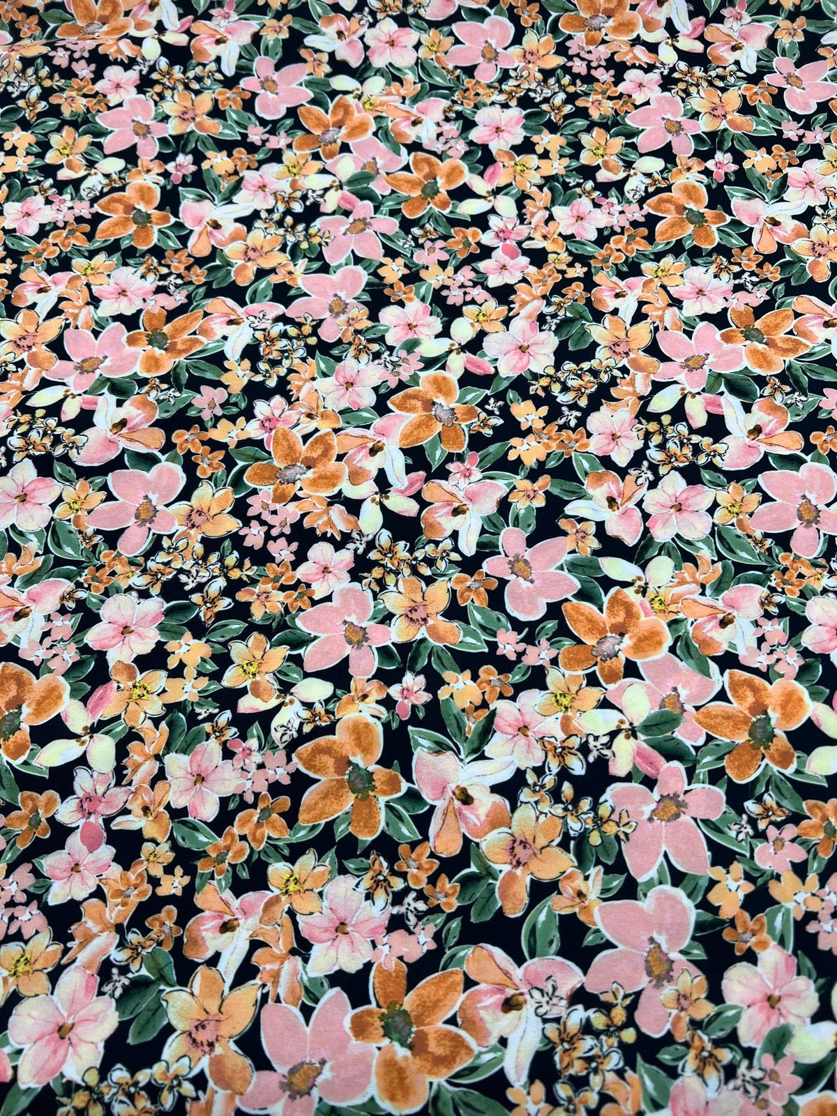 Black Orange Floral Lightweight Non Stretch Woven Dress Craft Fabric