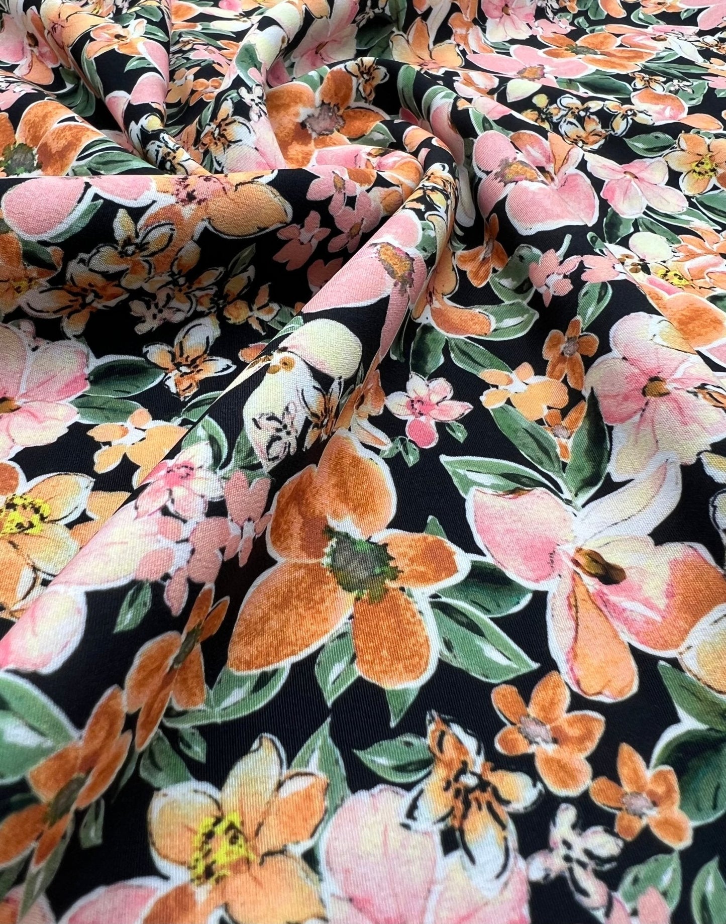 Black Orange Floral Lightweight Non Stretch Woven Dress Craft Fabric