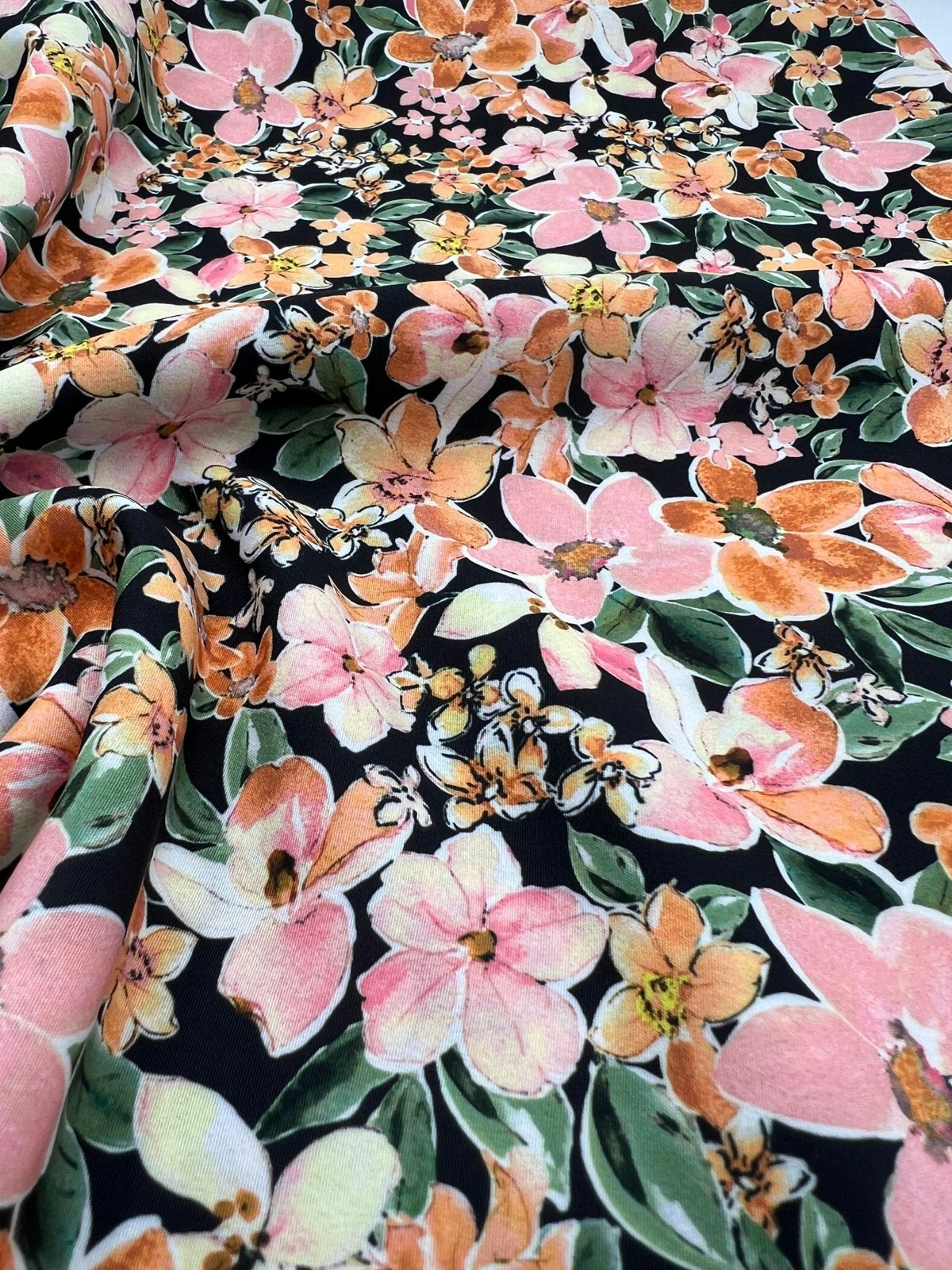 Black Orange Floral Lightweight Non Stretch Woven Dress Craft Fabric