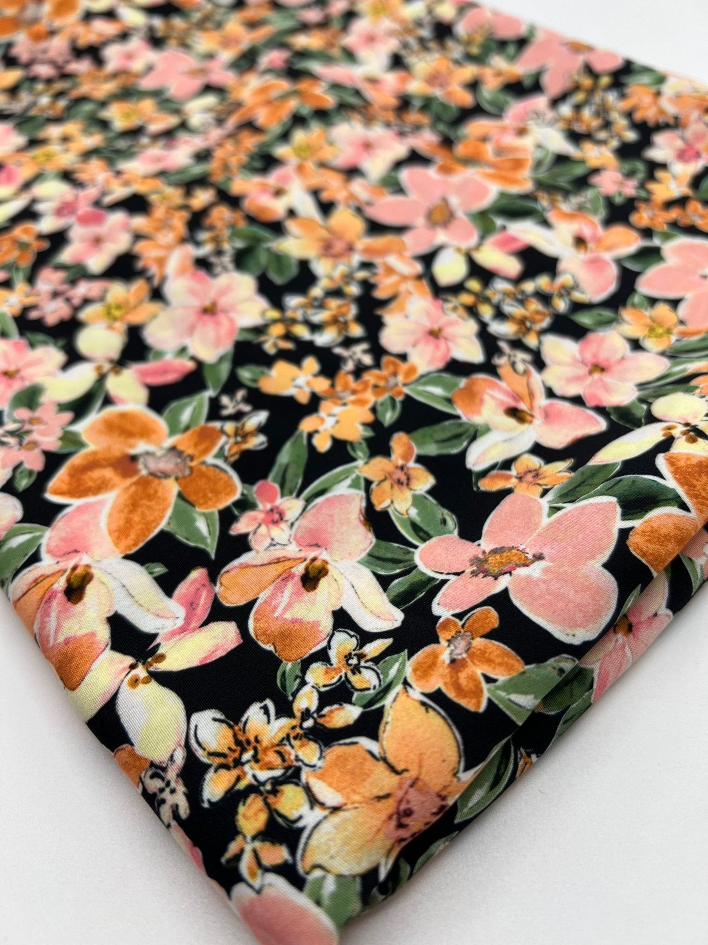 Black Orange Floral Lightweight Non Stretch Woven Dress Craft Fabric