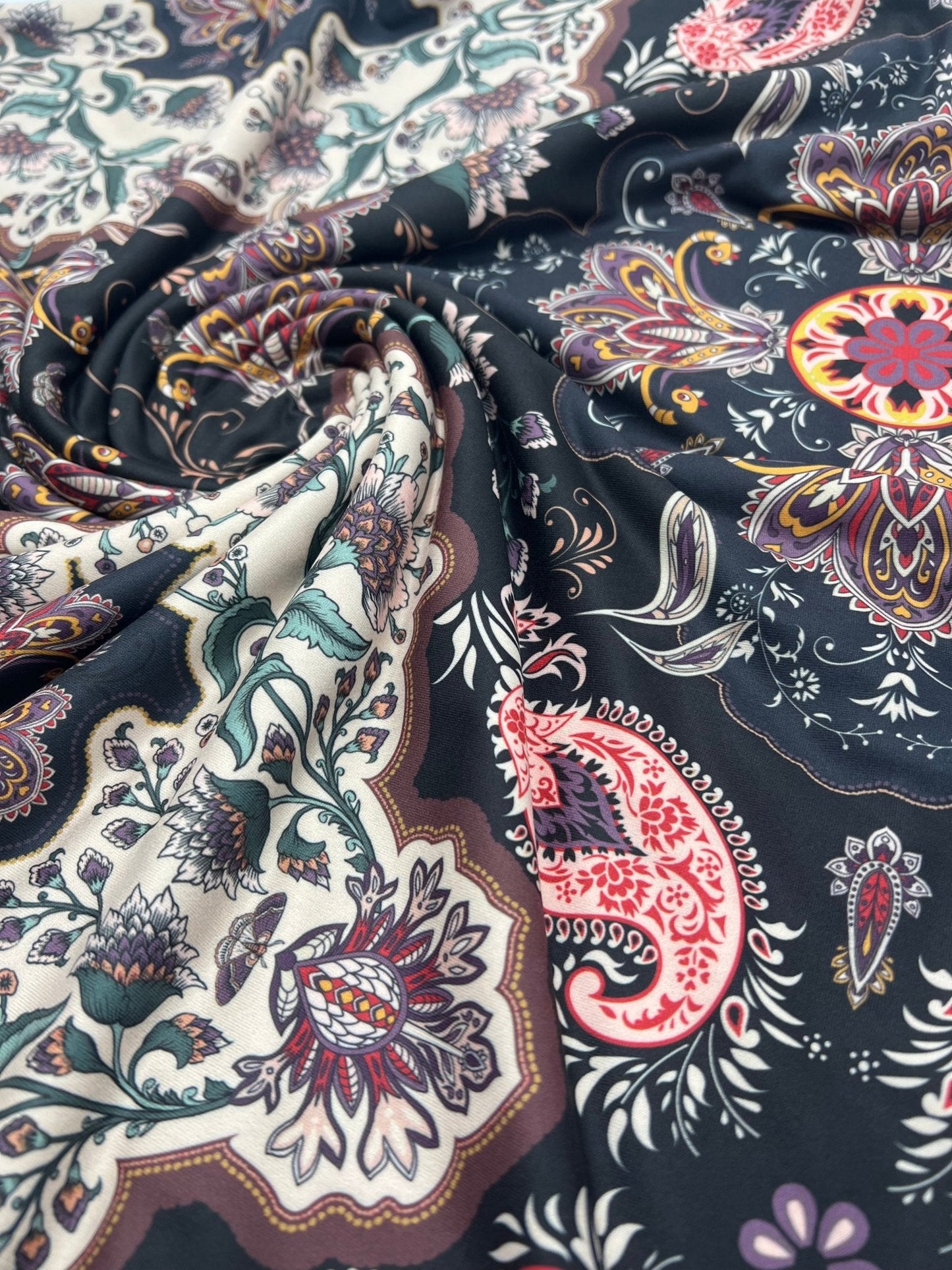 Black Paisley Floral Super Soft Print Spun Poly Stretch Fabric