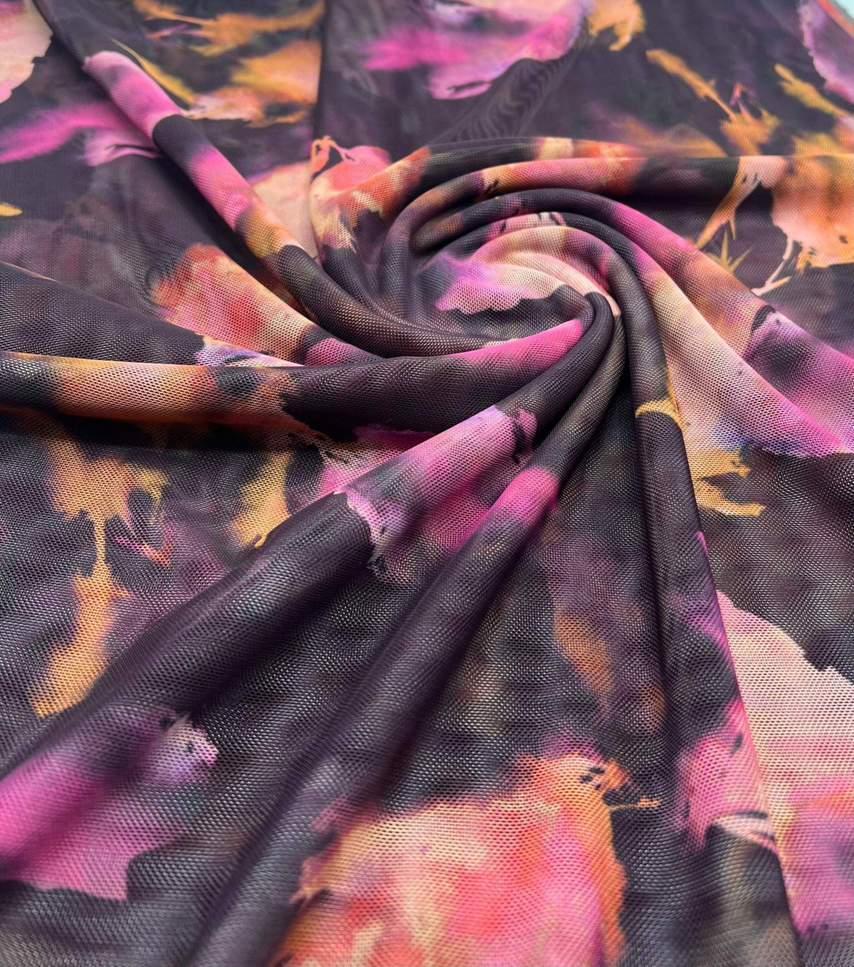 Black Pink Floral Mix Mesh Fabric Stretch