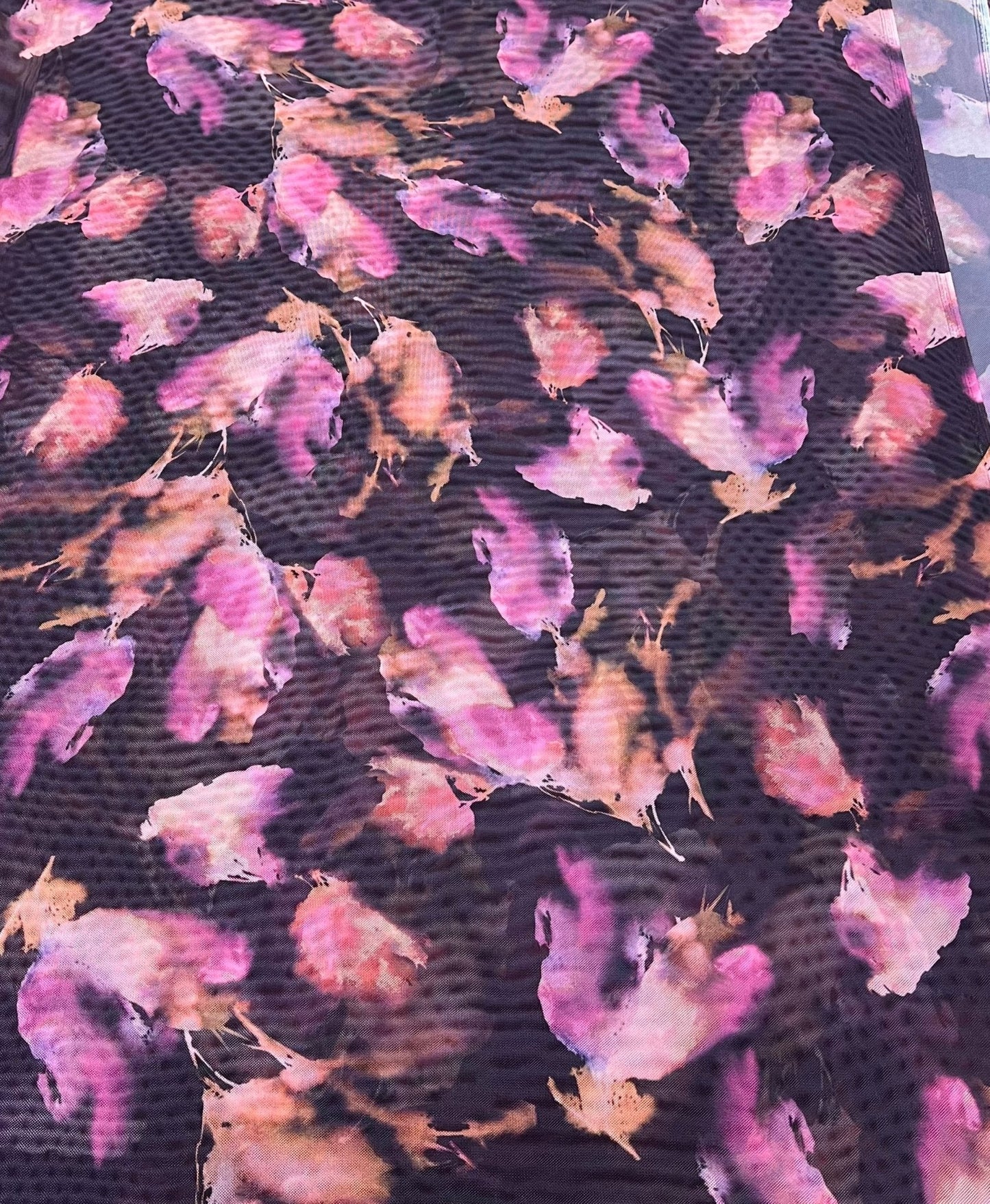 Black Pink Floral Mix Mesh Fabric Stretch