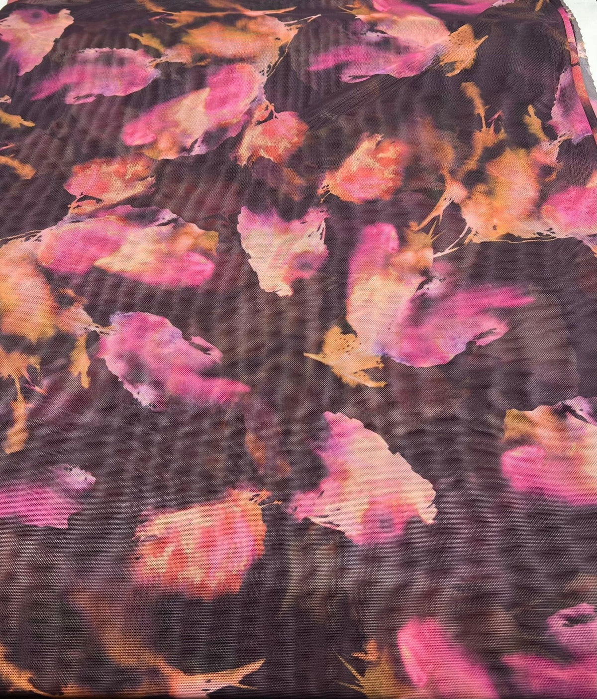 Black Pink Floral Mix Mesh Fabric Stretch
