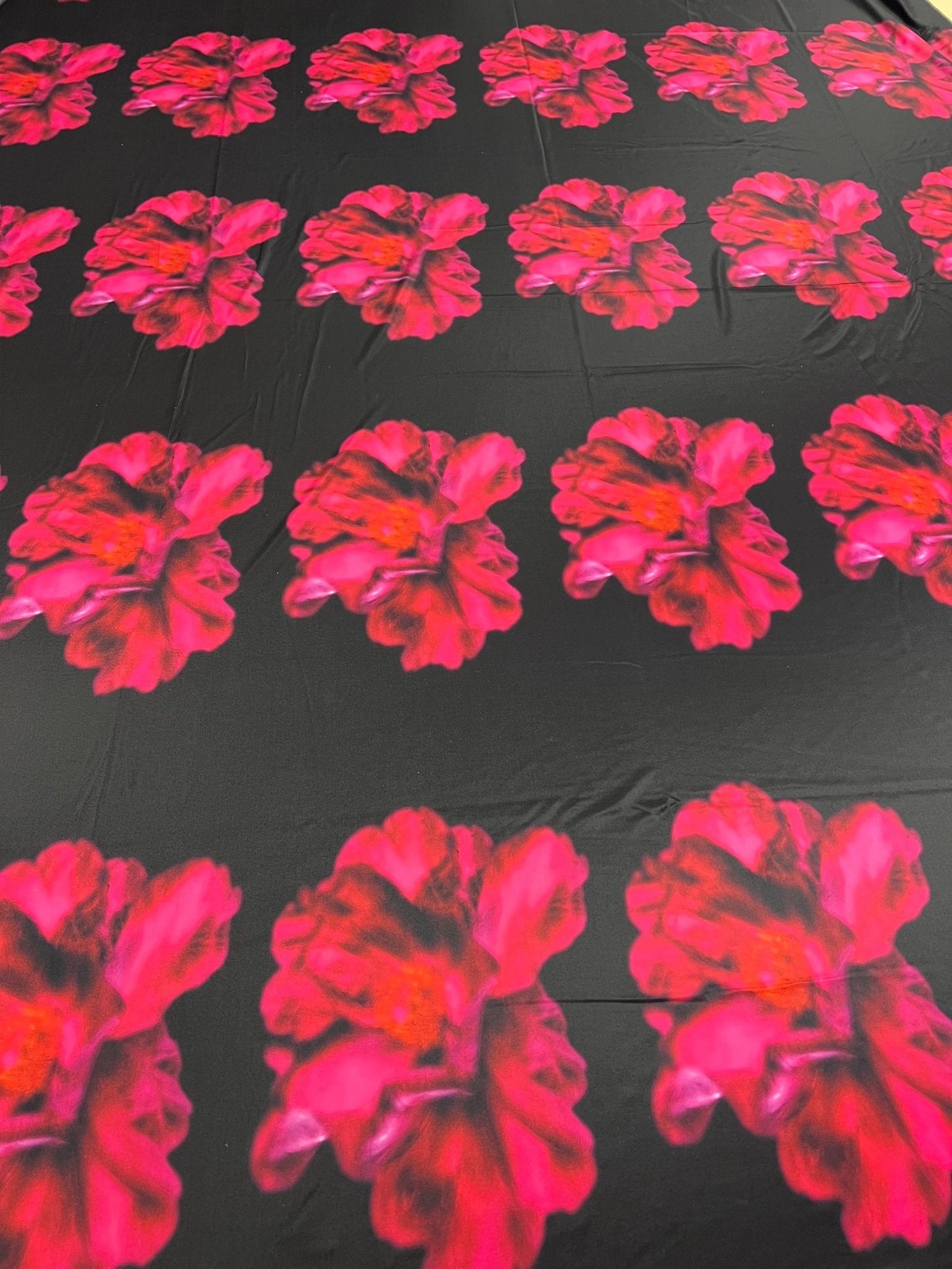 Black Pink Floral Print Soft Touch Stretch Fabric