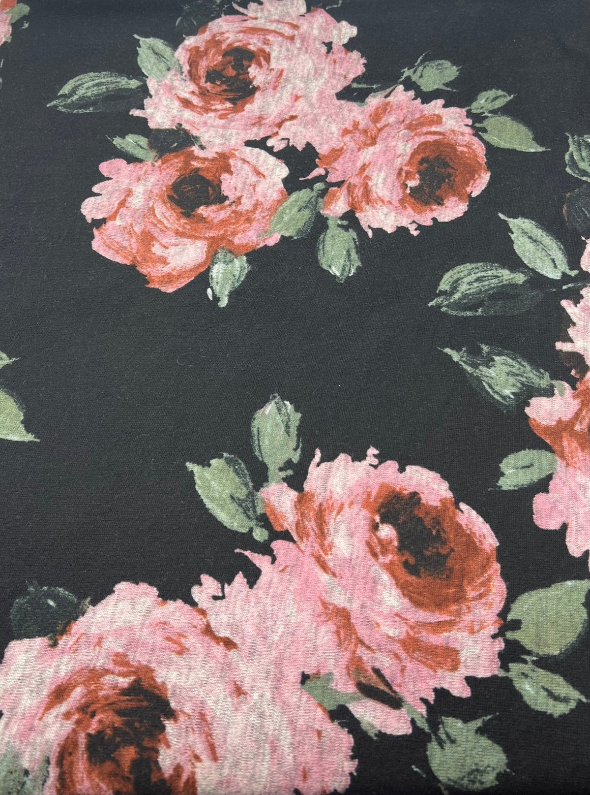 Black Pink Rose Floral Melange Knit Stretch Fabric