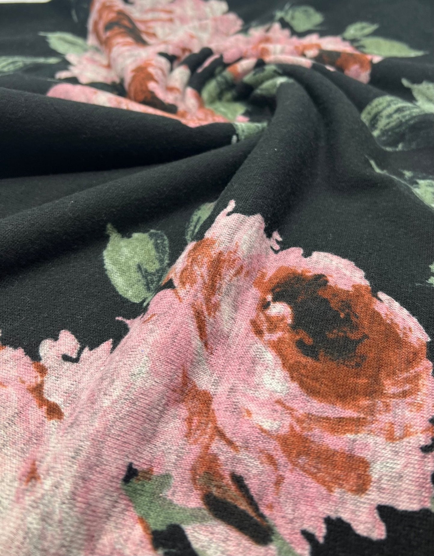 Black Pink Rose Floral Melange Knit Stretch Fabric