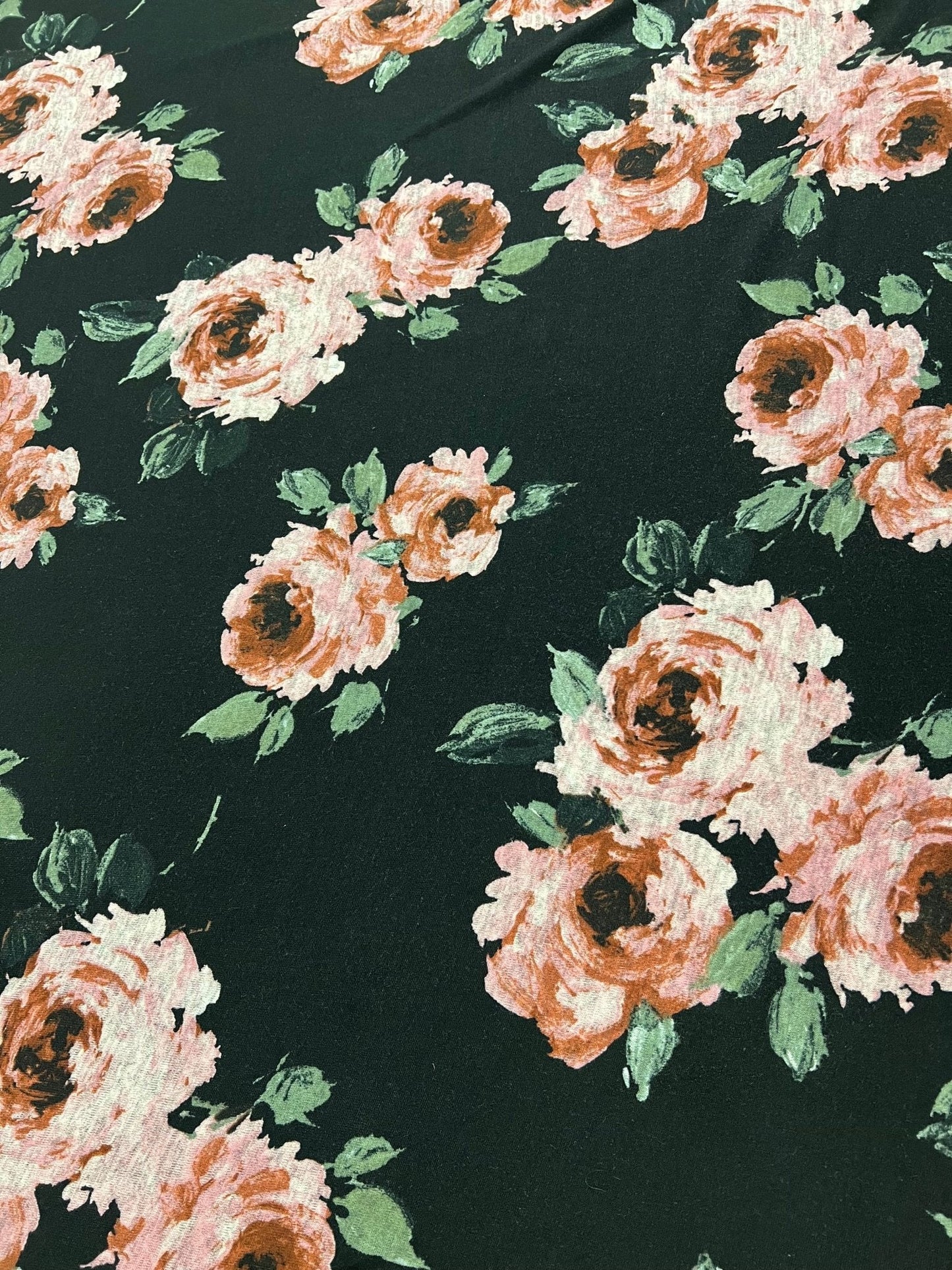 Black Pink Rose Floral Melange Knit Stretch Fabric