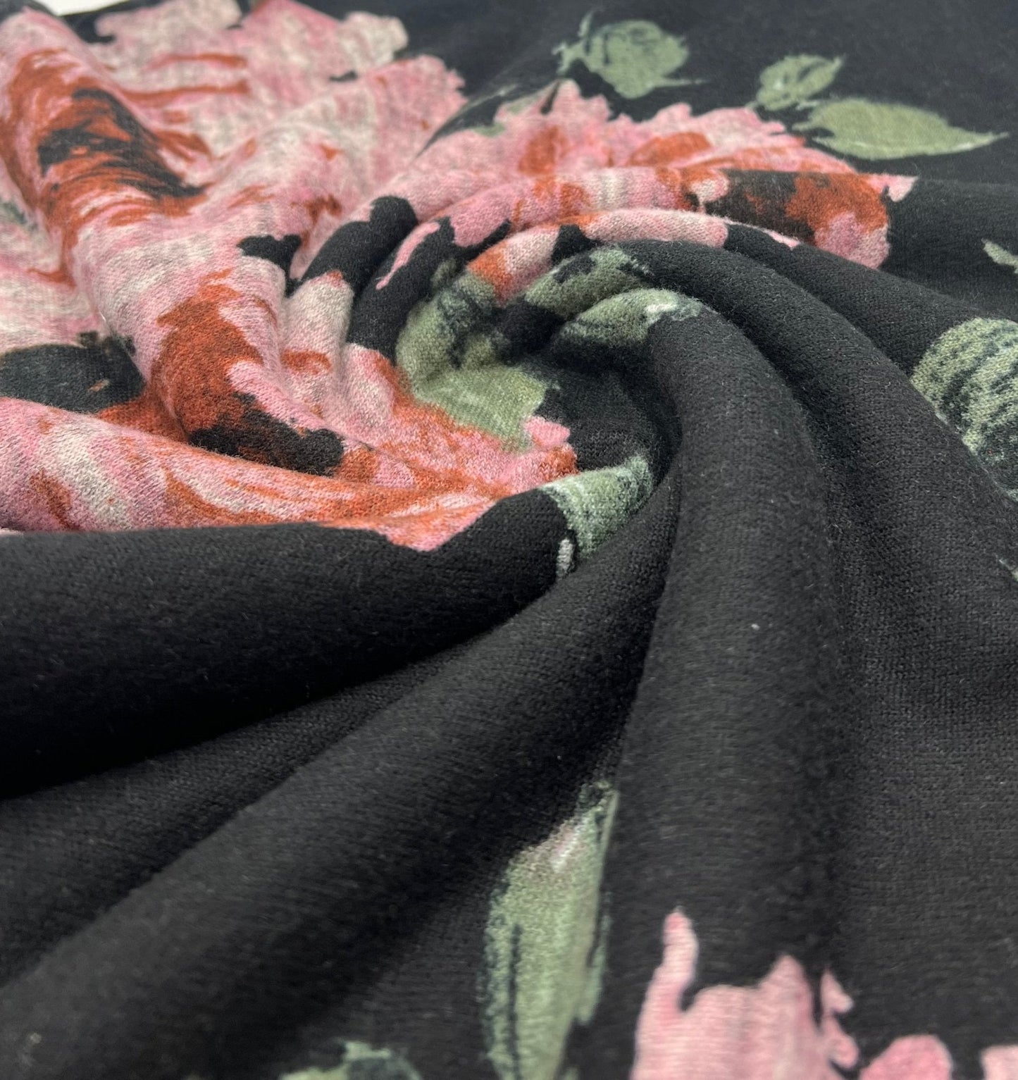 Black Pink Rose Floral Melange Knit Stretch Fabric