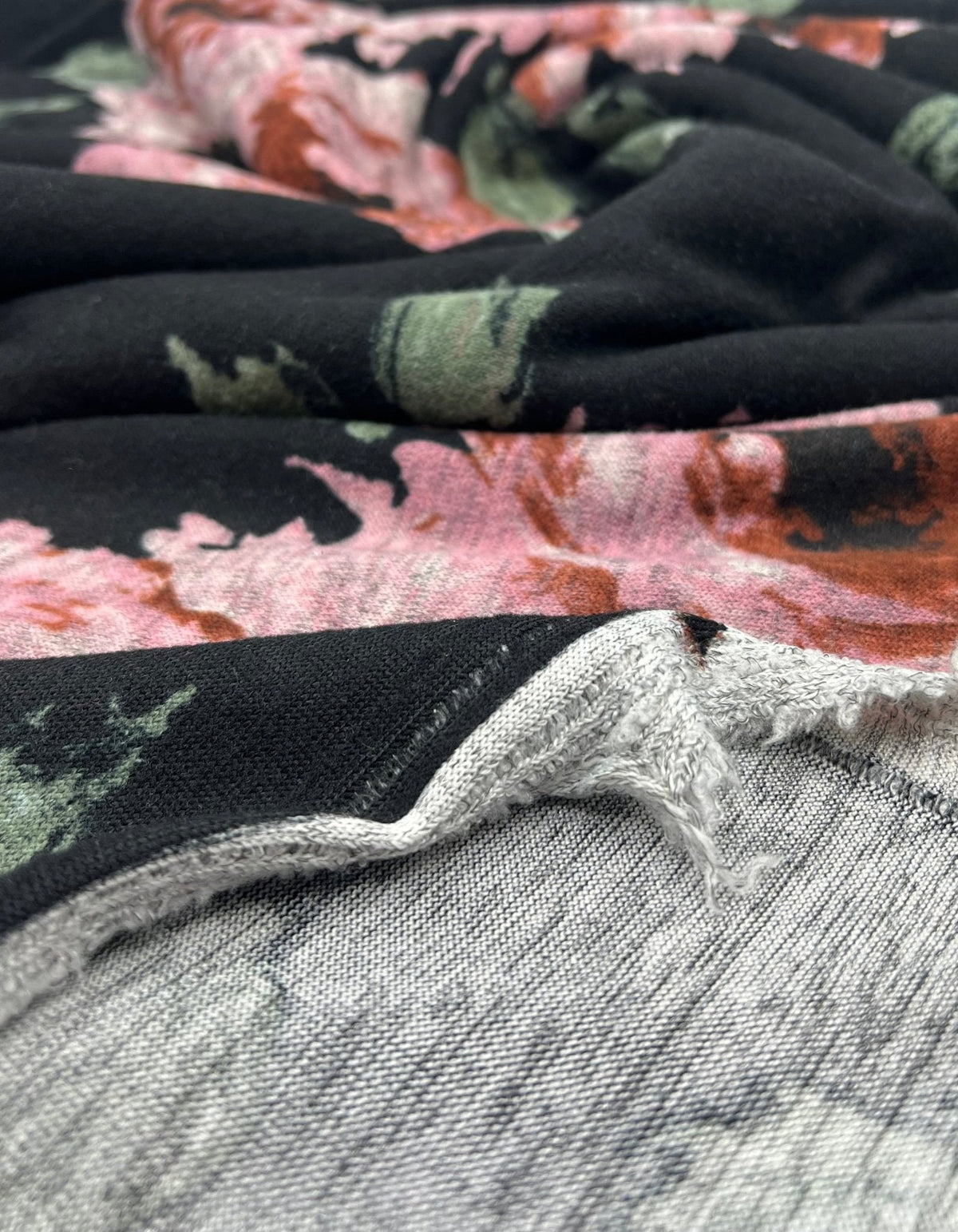 Black Pink Rose Floral Melange Knit Stretch Fabric