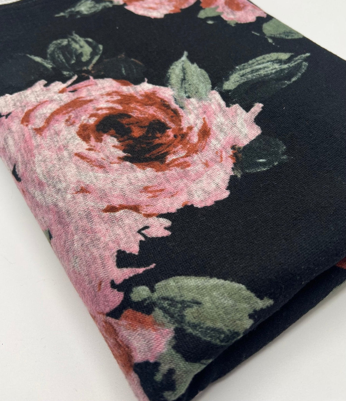 Black Pink Rose Floral Melange Knit Stretch Fabric