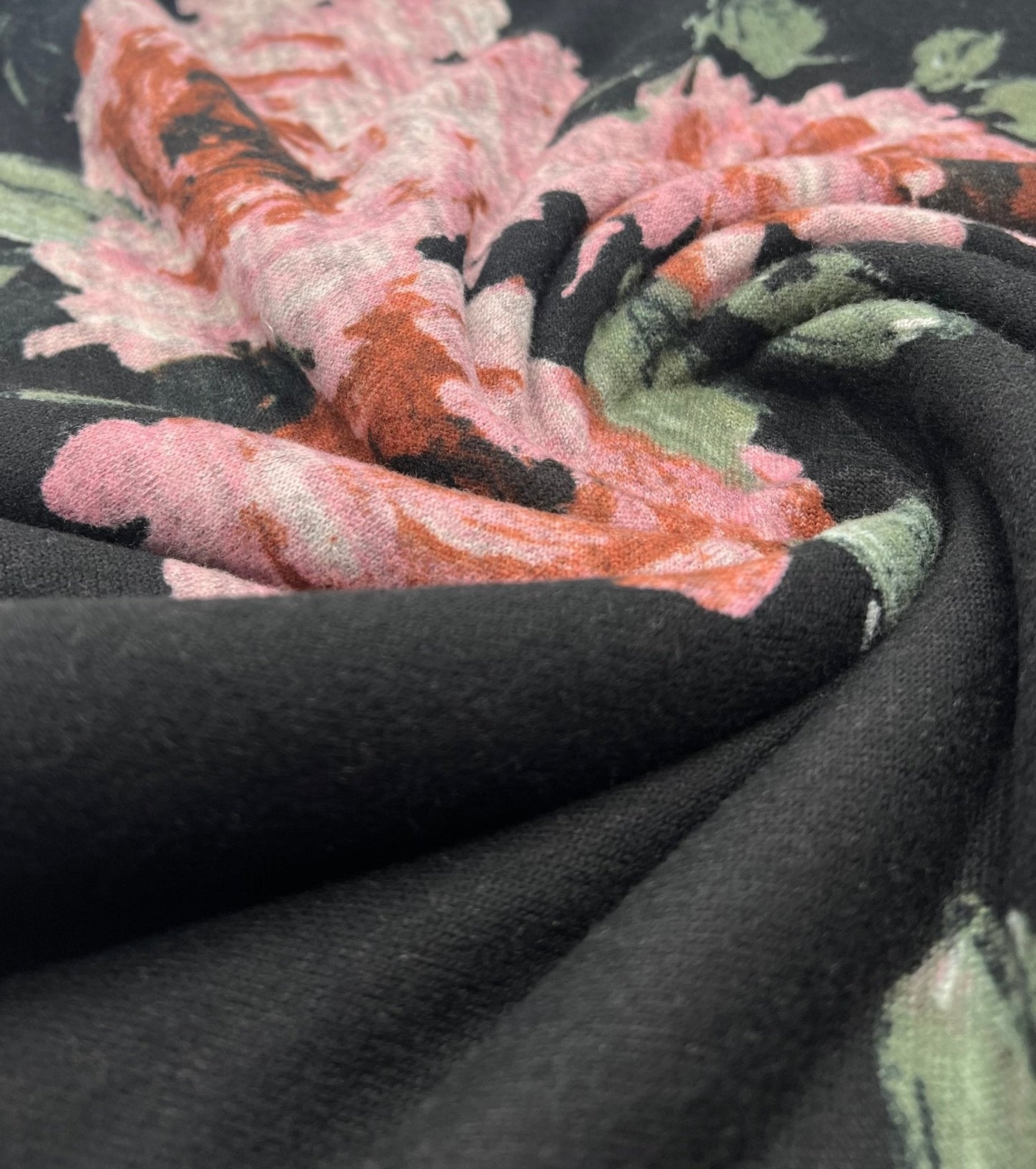 Black Pink Rose Floral Melange Knit Stretch Fabric